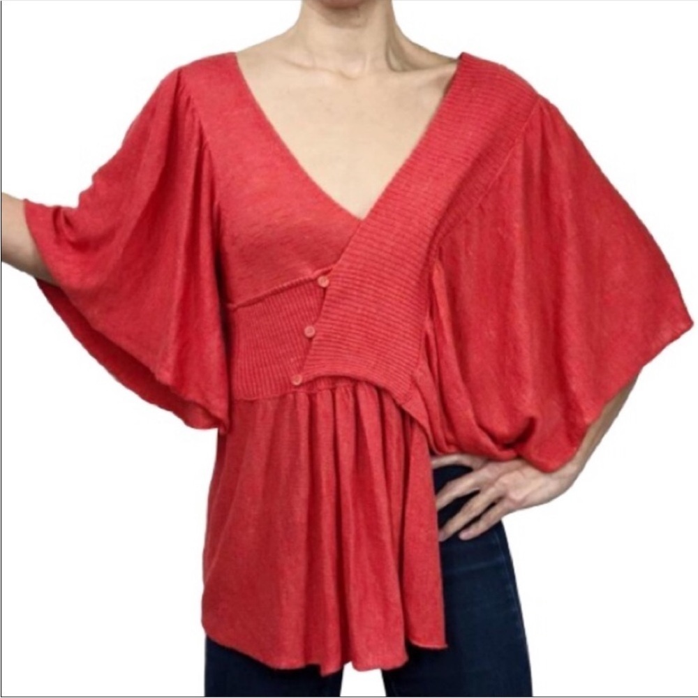 Anthropologie Coral Red Orange Moth Taupo Asymetrical Ruffle wrap sweater Sz M/L